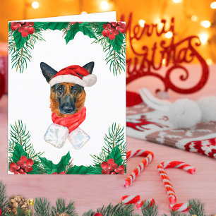 German Shepherd Red and Green Greenery Christmas Holiday Card