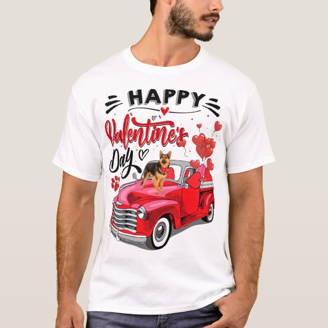 German Shepherd Red Truck Happy Valentine's Day Va T-Shirt (Front)
