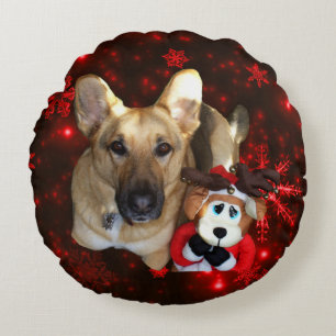 German Shepherd & Reindeer Snowflake Round Cushion