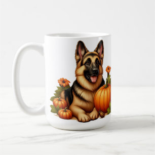 German Shepherd Resting With Pumpkins and Flowers Coffee Mug