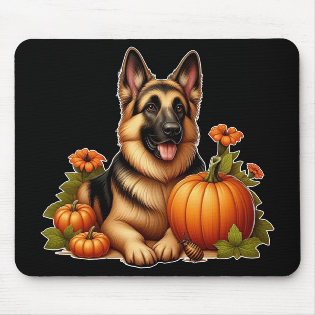 German Shepherd Resting With Pumpkins and Flowers Mouse Mat (Front)