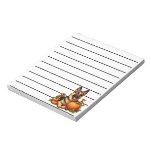 German Shepherd Resting With Pumpkins and Flowers Notepad