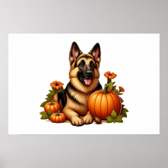German Shepherd Resting With Pumpkins and Flowers Poster (Front)