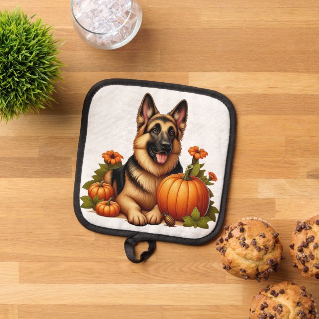 German Shepherd Resting With Pumpkins and Flowers Pot Holder (Top Down)