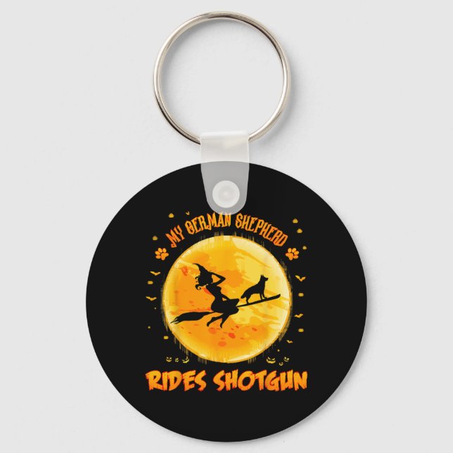 German Shepherd Rides Shot Funny Halloween Dog Key Ring (Front)