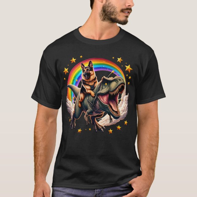 German Shepherd Riding Dinosaur Rainbow Lover T-Shirt (Front)