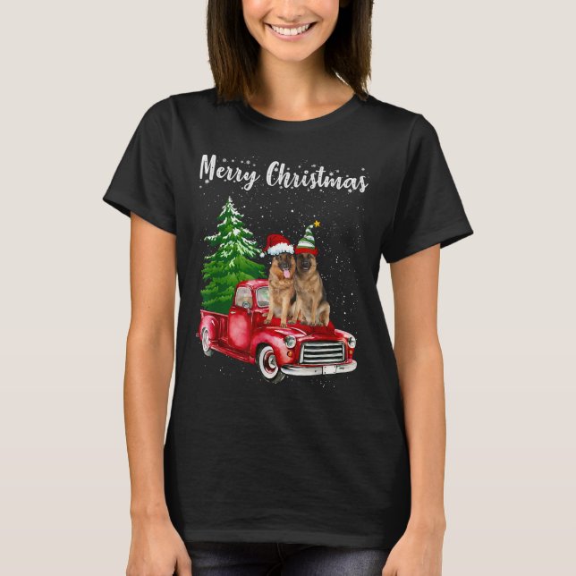 German Shepherd Riding Red Truck Merry Christmas D T-Shirt (Front)
