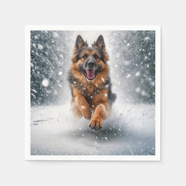 German Shepherd Running In Snow Napkin (Front)