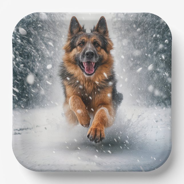 German Shepherd Running In Snow Paper Plate (Front)