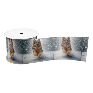 German Shepherd Running In Snow Satin Ribbon