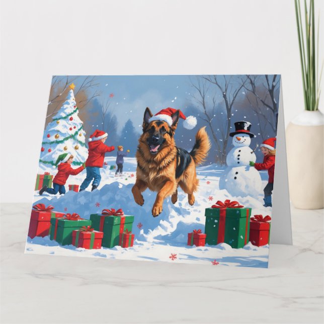 German Shepherd Running in Snow with Christmas Hat Card (Front)