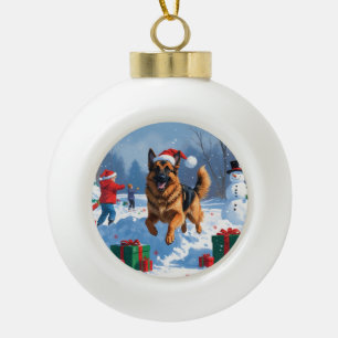 German Shepherd Running in Snow with Christmas Hat Ceramic Ball Christmas Ornament