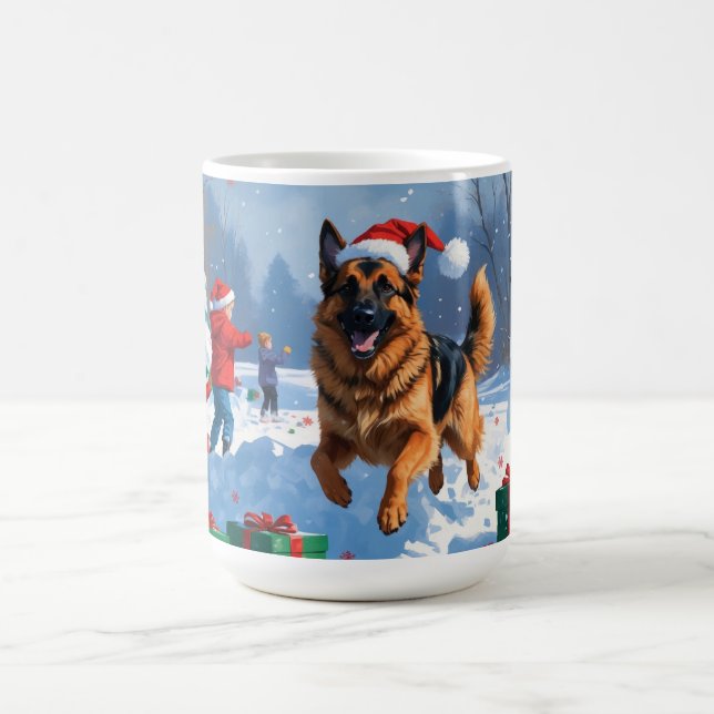 German Shepherd Running in Snow with Christmas Hat Coffee Mug (Center)