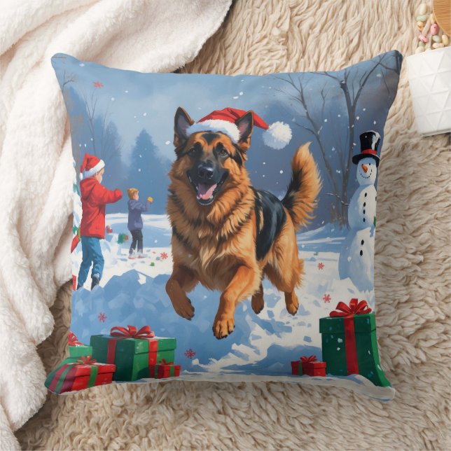 German Shepherd Running in Snow with Christmas Hat Cushion (Blanket)