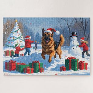 German Shepherd Running in Snow with Christmas Hat Jigsaw Puzzle
