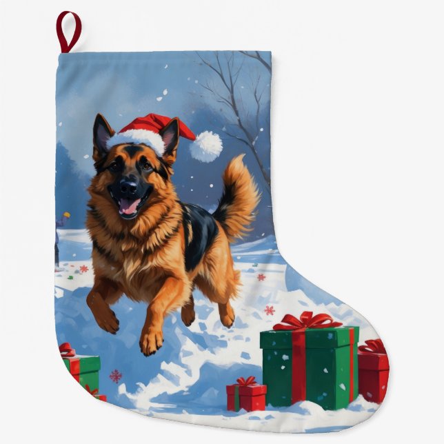 German Shepherd Running in Snow with Christmas Hat Large Christmas Stocking (Front)