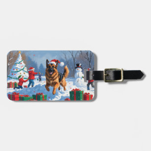 German Shepherd Running in Snow with Christmas Hat Luggage Tag