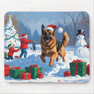 German Shepherd Running in Snow with Christmas Hat Mouse Mat