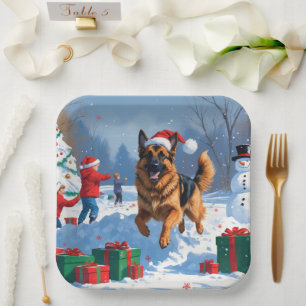 German Shepherd Running in Snow with Christmas Hat Paper Plate