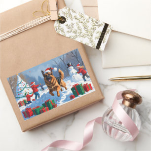 German Shepherd Running in Snow with Christmas Hat Rectangular Sticker