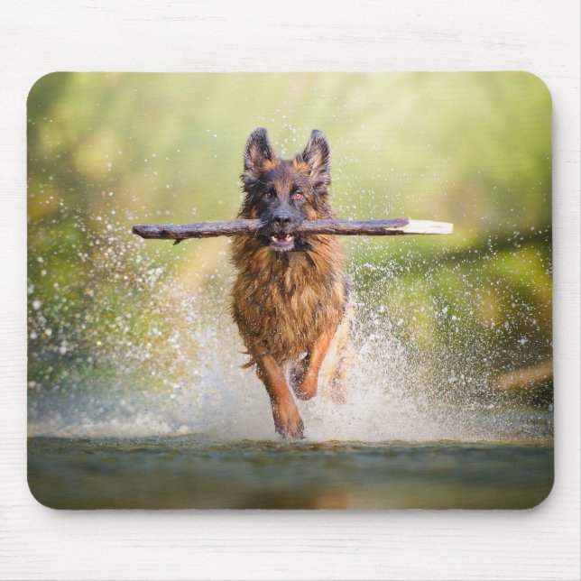 German Shepherd Running with Stick Mouse Mat (Front)