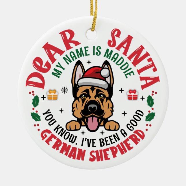 German Shepherd Santa Christmas Custom Name Ceramic Tree Decoration (Front)