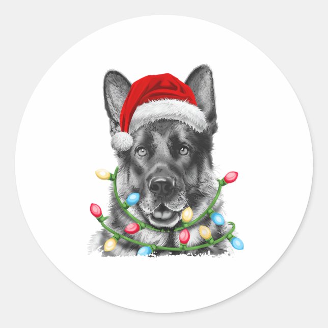 German Shepherd Santa Christmas Tree Lights Xmas B Classic Round Sticker (Front)