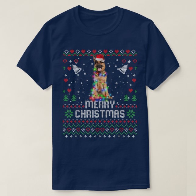 German Shepherd Santa Hat Dog Christmas Tree Light T-Shirt (Design Front)