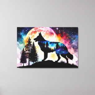 German Shepherd Silhouette on the Mountain Moon  Canvas Print