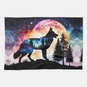 German Shepherd Silhouette on the Mountain Moon  Tea Towel