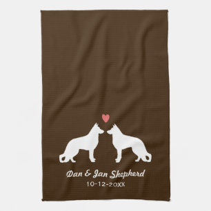 German Shepherd Silhouettes with Heart and Text Tea Towel