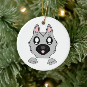 German Shepherd Silver and Black Peeking Cartoon Ceramic Tree Decoration