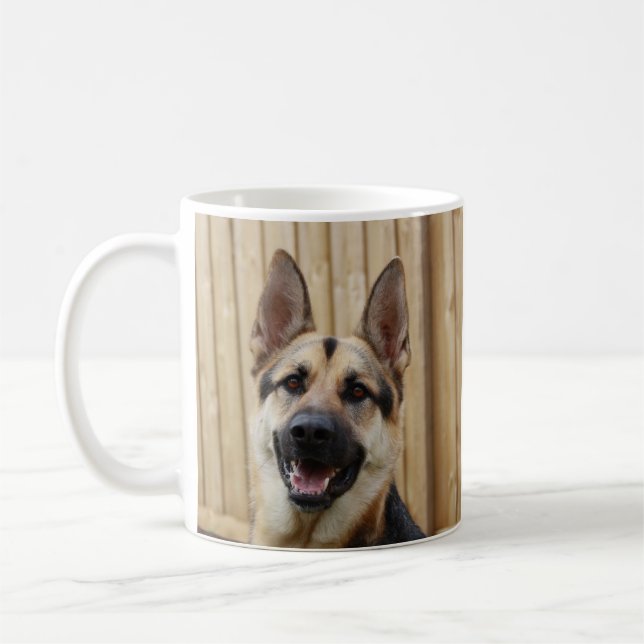 German Shepherd Sitting by Wood Fence Coffee Mug (Left)