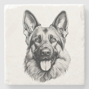 German Shepherd Sketch Stone Coaster B&W