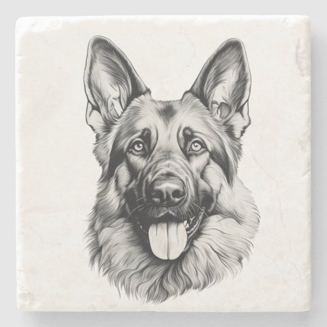 German Shepherd Sketch Stone Coaster | B&W (Front)
