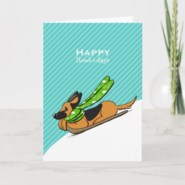 German Shepherd Snow Sled Modern Christmas Holiday Card (Front)