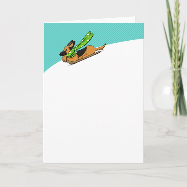 German Shepherd Snow Sled Modern Holiday Card (Front)