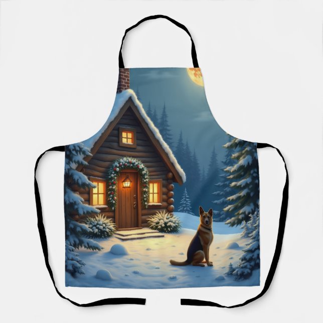 German Shepherd Snowy Forest Cabin Christmas Paint Apron (Front)