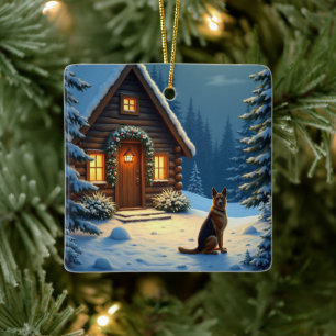German Shepherd Snowy Forest Cabin Christmas Paint Ceramic Ornament