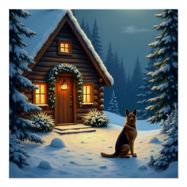 German Shepherd Snowy Forest Cabin Christmas Paint Poster (Front)