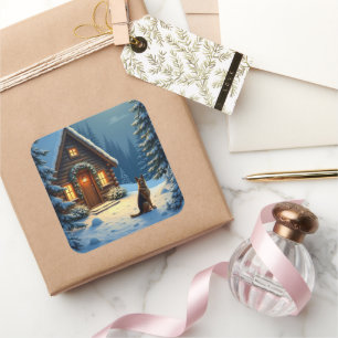German Shepherd Snowy Forest Cabin Christmas Paint Square Sticker