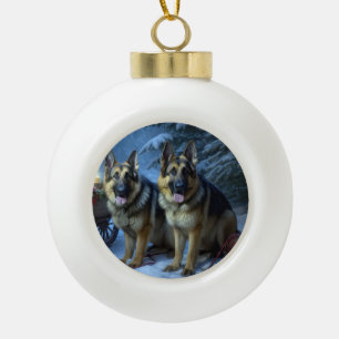 German Shepherd Snowy Sleigh Christmas Decor  Ceramic Ball Christmas Ornament
