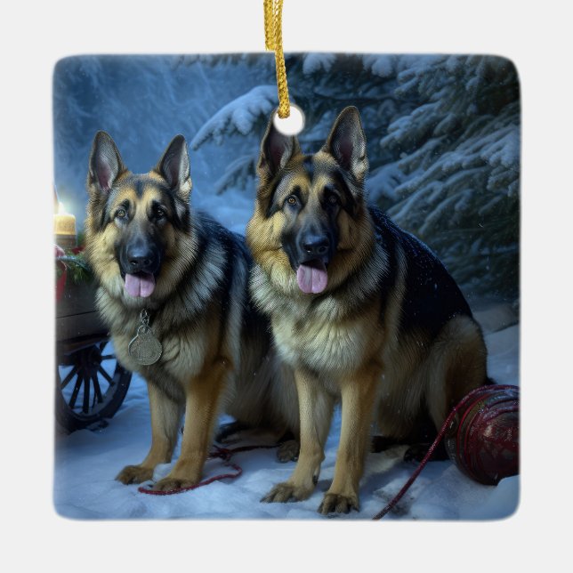 German Shepherd Snowy Sleigh Christmas Decor  Ceramic Ornament (Front)