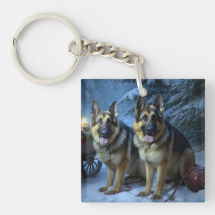 German Shepherd Snowy Sleigh Christmas Decor Key Ring