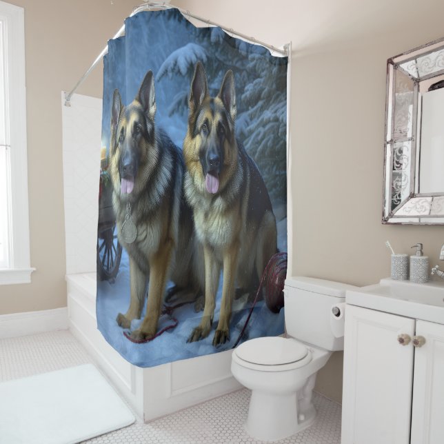German Shepherd Snowy Sleigh Christmas Decor  Shower Curtain (In Situ)