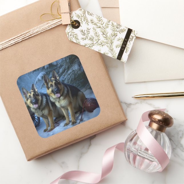 German Shepherd Snowy Sleigh Christmas Decor  Square Sticker (Gifting)