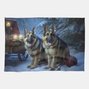 German Shepherd Snowy Sleigh Christmas Decor  Tea Towel