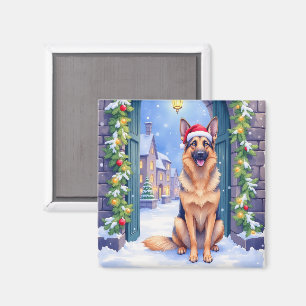 German Shepherd Snowy Town Gate Santa Christmas Magnet
