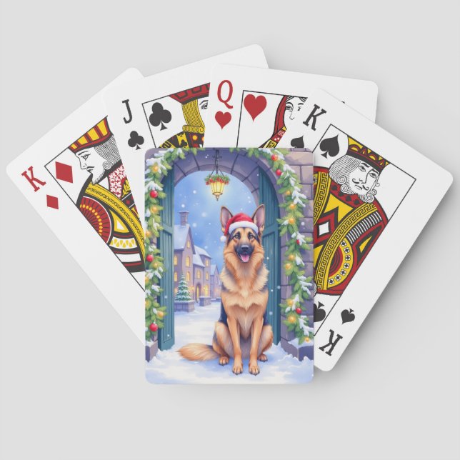 German Shepherd Snowy Town Gate Santa Christmas Playing Cards (Back)