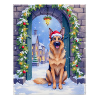 German Shepherd Snowy Town Gate Santa Christmas
